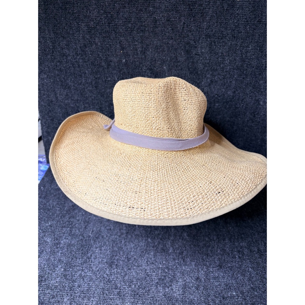 HBY Miami Women Tan Woven Paper Straw Wide Brim Floppy Sun Hat Lavender Bow